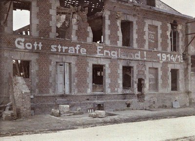 German Army Slogan on the Wall of a Damaged Brick Building: May God Punish England! 191415, Bucy-le-Long, Aisne, France by Fernand Cuville
